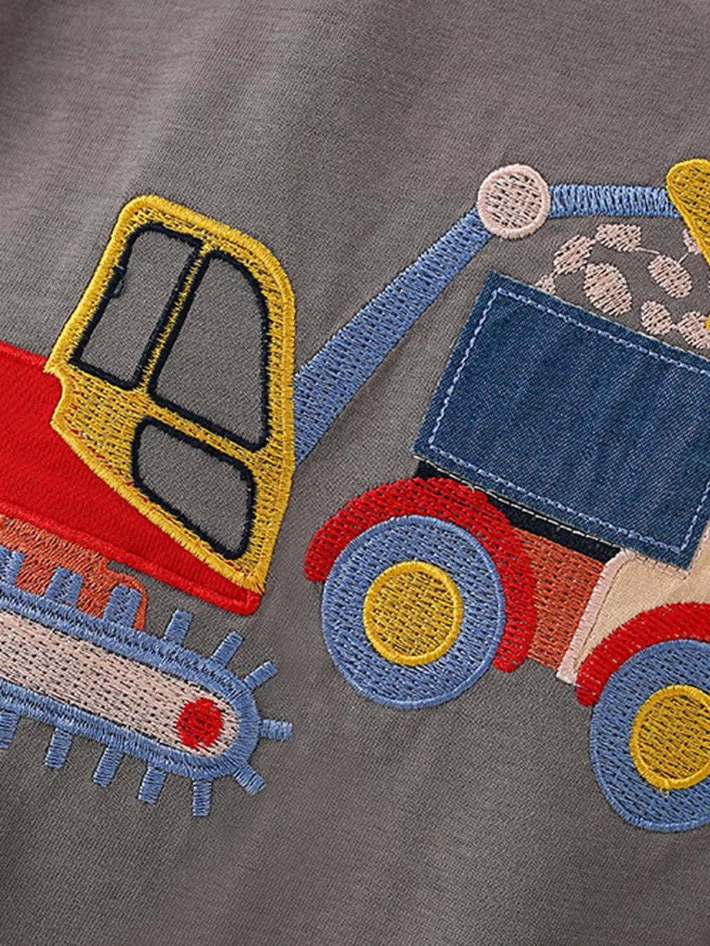 Kids Construction Truck Embroidered T-Shirt – Soft Cotton Tee for Boys & Girls (Gray)