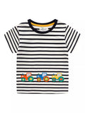 Kids Embroidered Striped T-Shirt – Soft Cotton Round Neck Tee for Boys & Girls (Black)