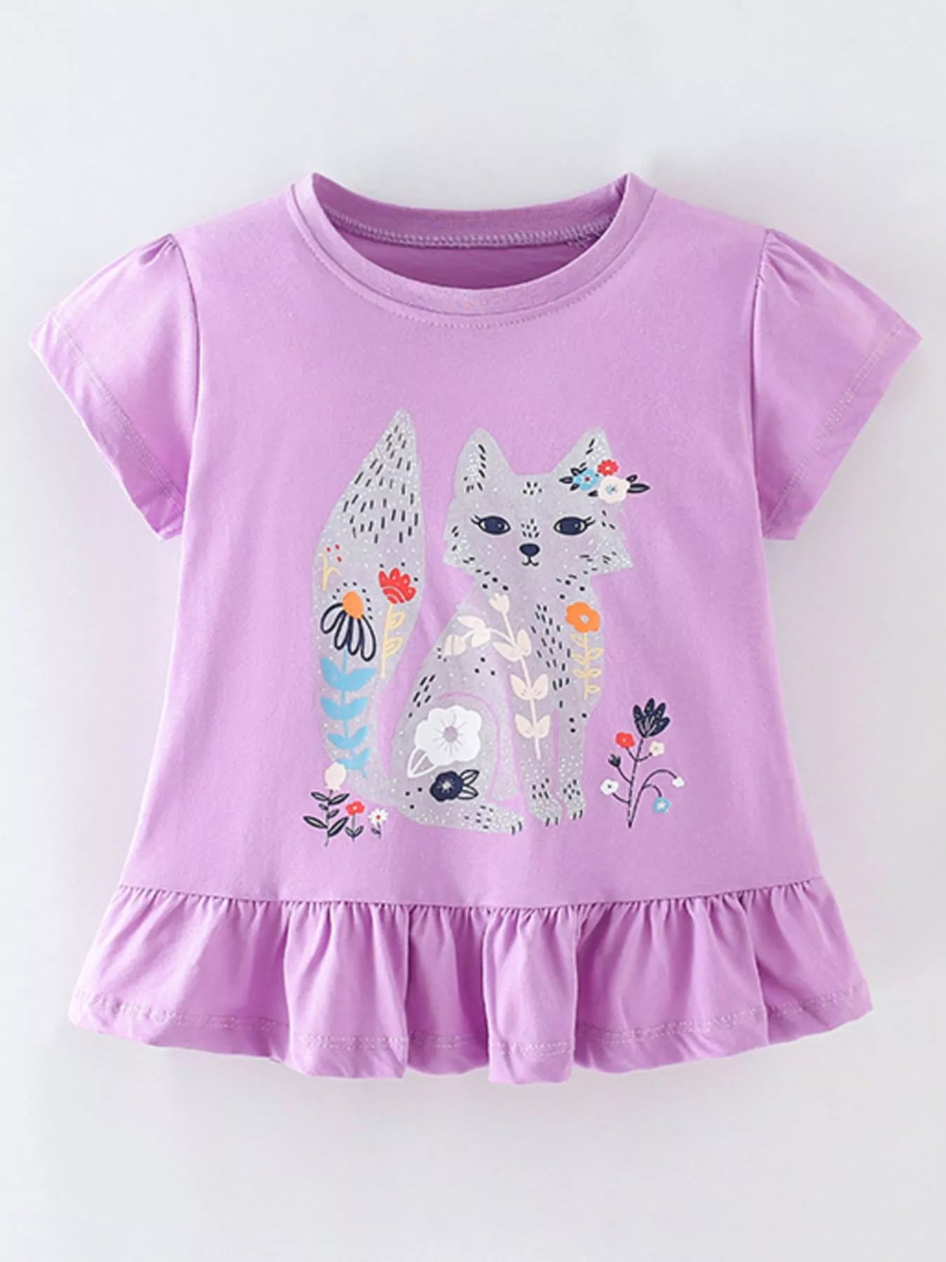 Girls Fox Graphic Ruffle Tee - Adorable Short Sleeve T-Shirt with Playful Hem Detail