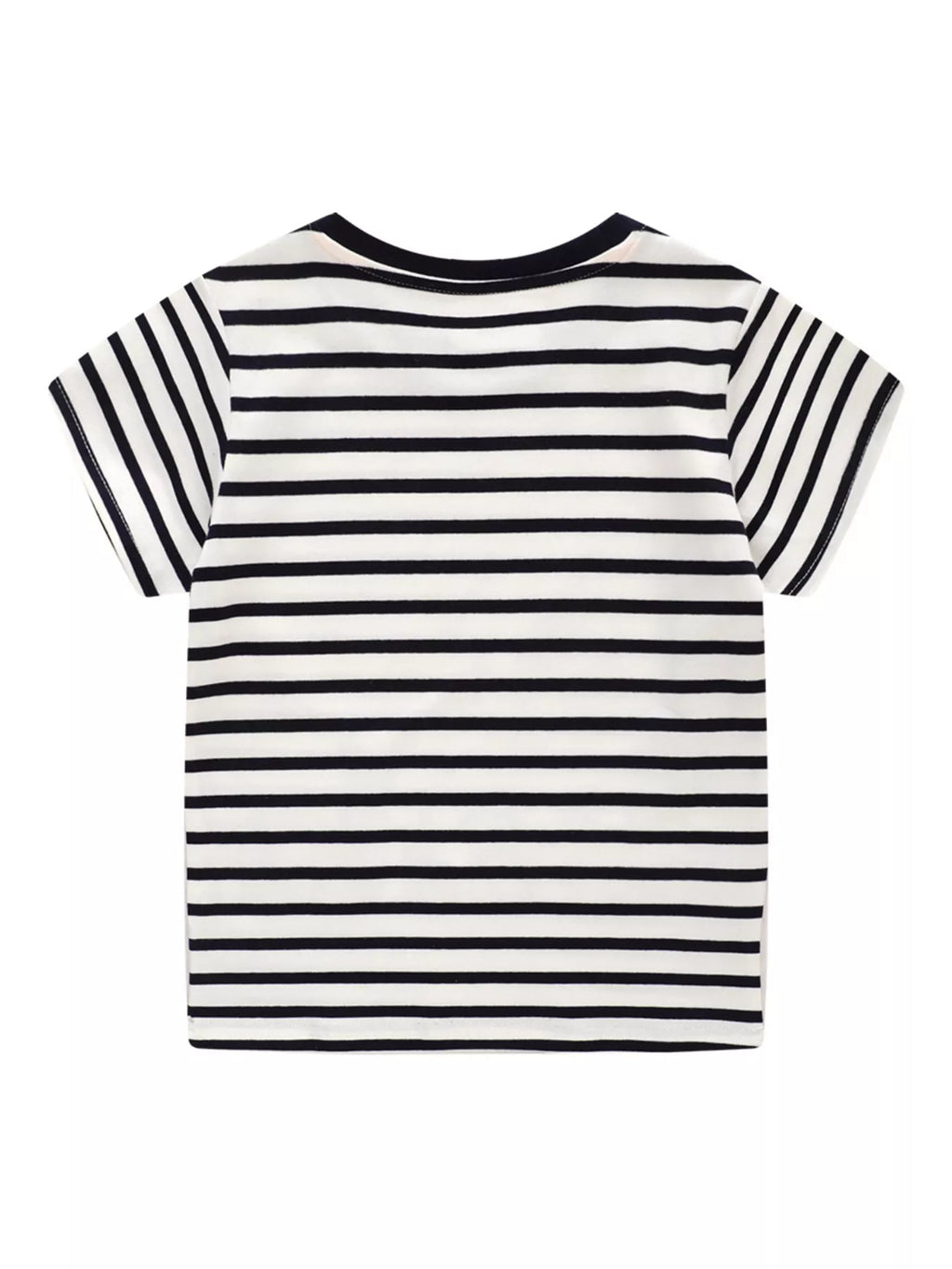 Kids Embroidered Striped T-Shirt – Soft Cotton Round Neck Tee for Boys & Girls (Black)