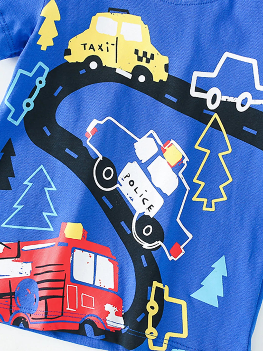 Kids Vehicle Print T-Shirt – Soft Cotton Crew Neck Tee for Boys & Girls (Royal Blue)