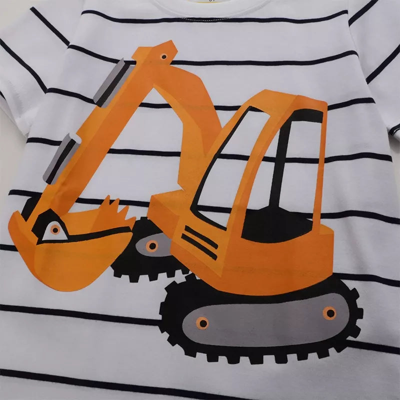 Kids Construction Excavator T-Shirt | Soft Cotton Striped Tee for Boys & Girls