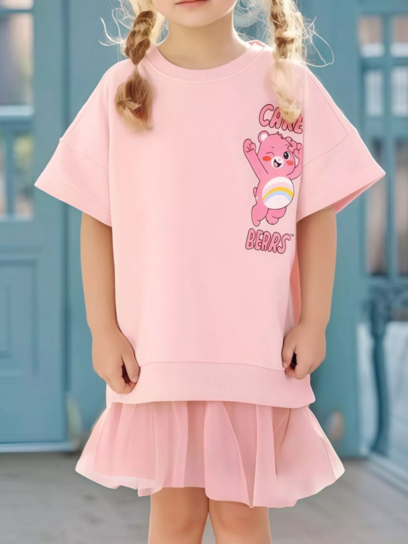 Girls Bear Graphic Sweatshirt Dress - Soft Short Sleeve Pullover for Kids