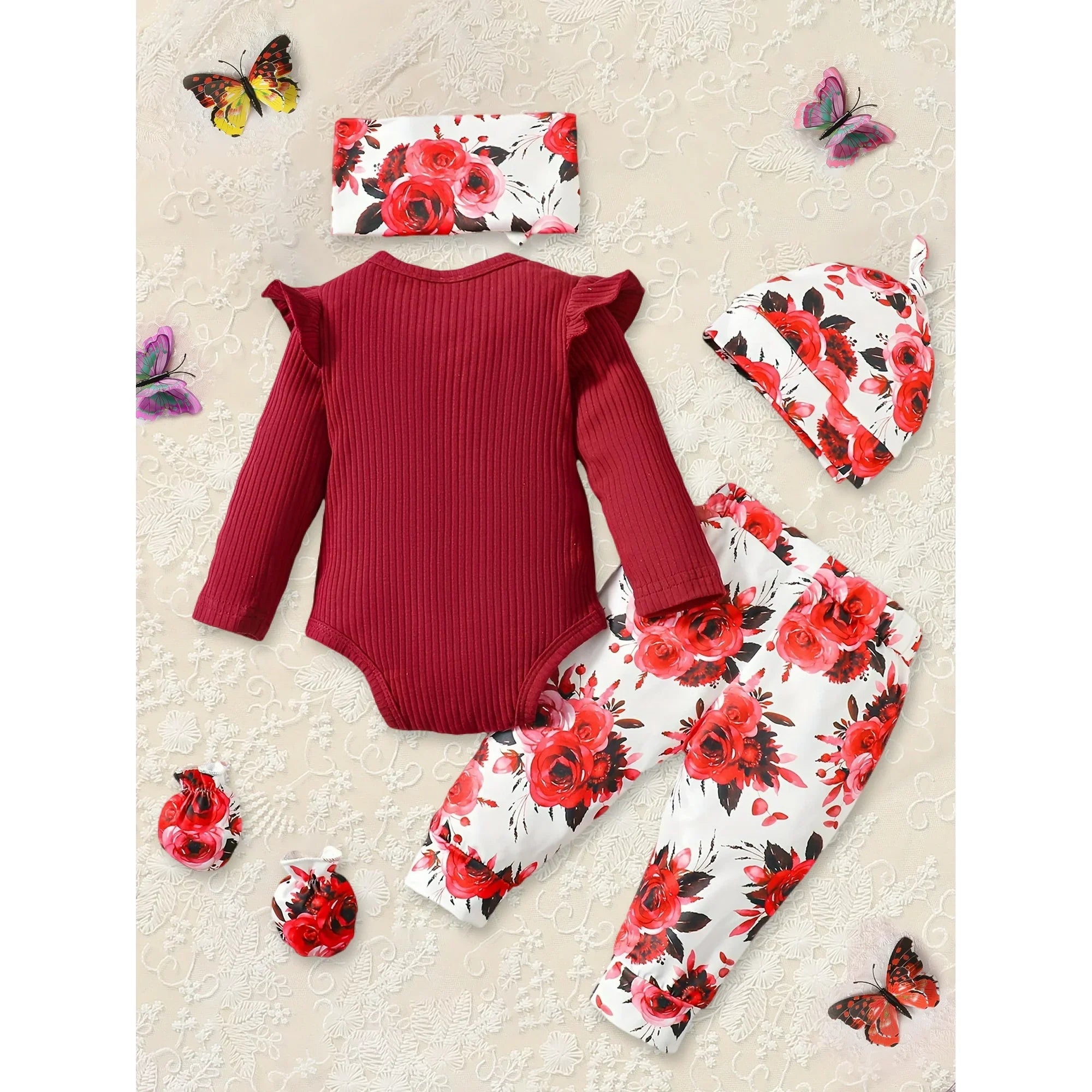 Newborn Baby Girl Coming Home Outfit | Hello I'm New Here Romper, Floral Pants, Hat & Headband Set