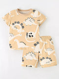 Kids Dinosaur Pajama Set – Soft Cotton Short Sleeve Top & Shorts, Boys & Girls, Tan (Sizes 2Y–7Y)
