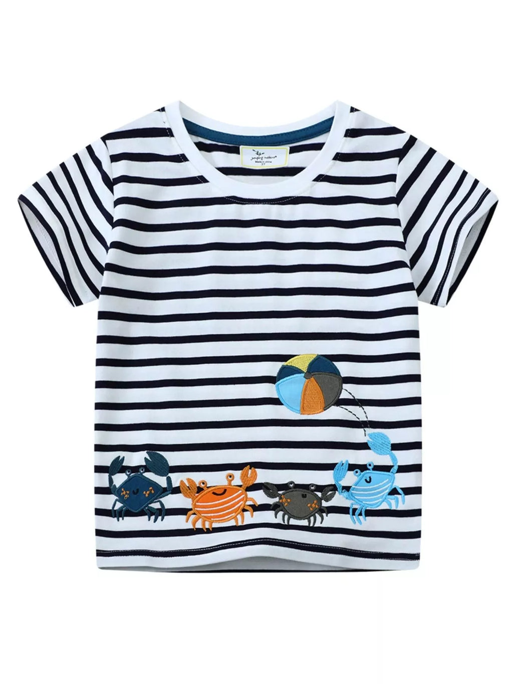 Kids Crab Striped Crew Neck T-Shirt - Soft Cotton Tee for Boys & Girls